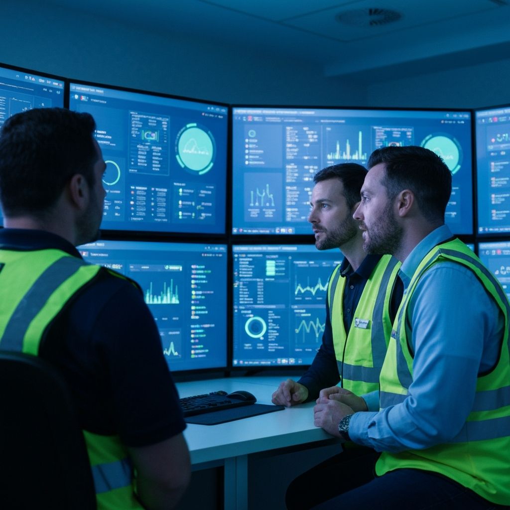 Engineers collaborating in operations control room